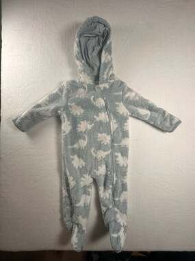 Little Beginnings Blue and White Dinosaur Fleece Hooded Footed Jumpsuit
